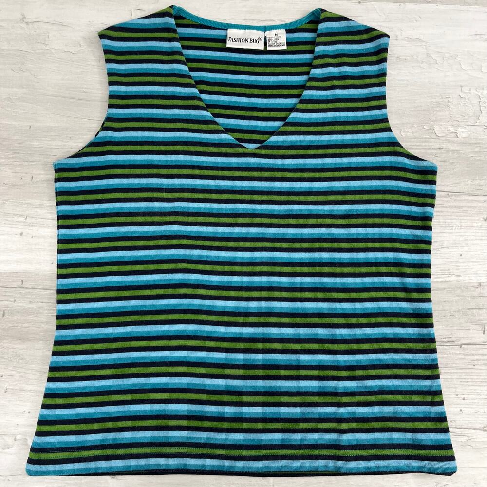 Fashion Bug Striped Blue Green Black Y2K Sleeveless V-Neck Shirt Medium